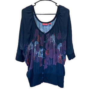 Black Floral Three Quarter Sleeve Button-Up Blouse